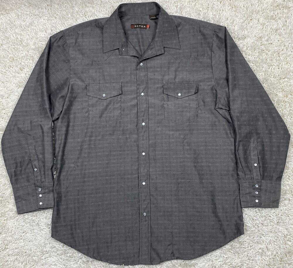 Roper Western Pearl Snap Shirt Mens 2XL Gray Geometric Print Cowboy Long Slv